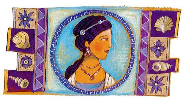 Drawing of the head of a Roman woman, surrounded by a border with purple flowers and shells on purple backgrounds.