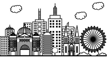 Black and white line drawing of the Melbourne skyline, including Flinders Street station, St Paul's cathedral and the sky wheel.